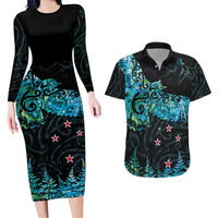New Zealand Kea Bird Couples Matching Long Sleeve Bodycon Dress and Hawaiian Shirt Maori Tattoo and Silver Fern Paua Shell Style LT03 Black - Polynesian Pride