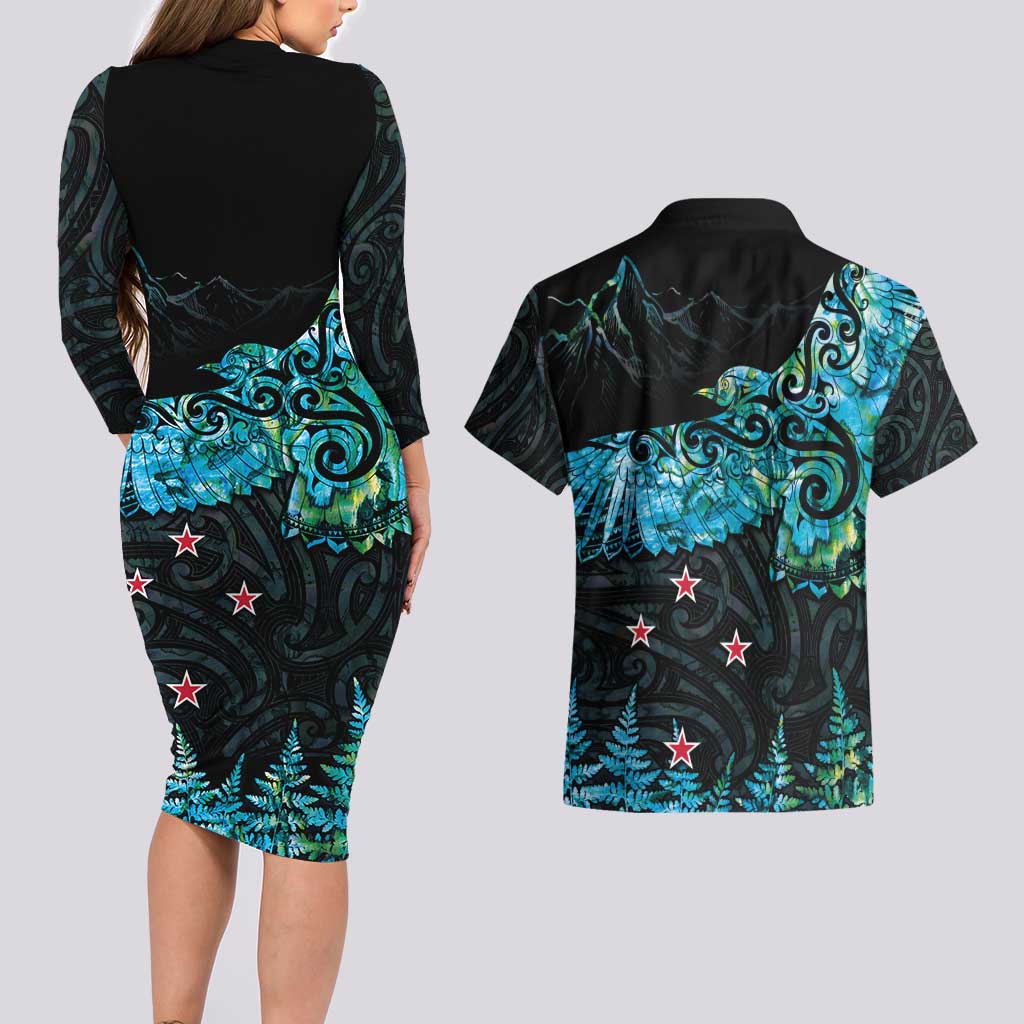 New Zealand Kea Bird Couples Matching Long Sleeve Bodycon Dress and Hawaiian Shirt Maori Tattoo and Silver Fern Paua Shell Style LT03 - Polynesian Pride