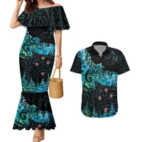 New Zealand Kea Bird Couples Matching Mermaid Dress and Hawaiian Shirt Maori Tattoo and Silver Fern Paua Shell Style LT03 Black - Polynesian Pride