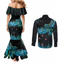 New Zealand Kea Bird Couples Matching Mermaid Dress and Long Sleeve Button Shirt Maori Tattoo and Silver Fern Paua Shell Style LT03 - Polynesian Pride