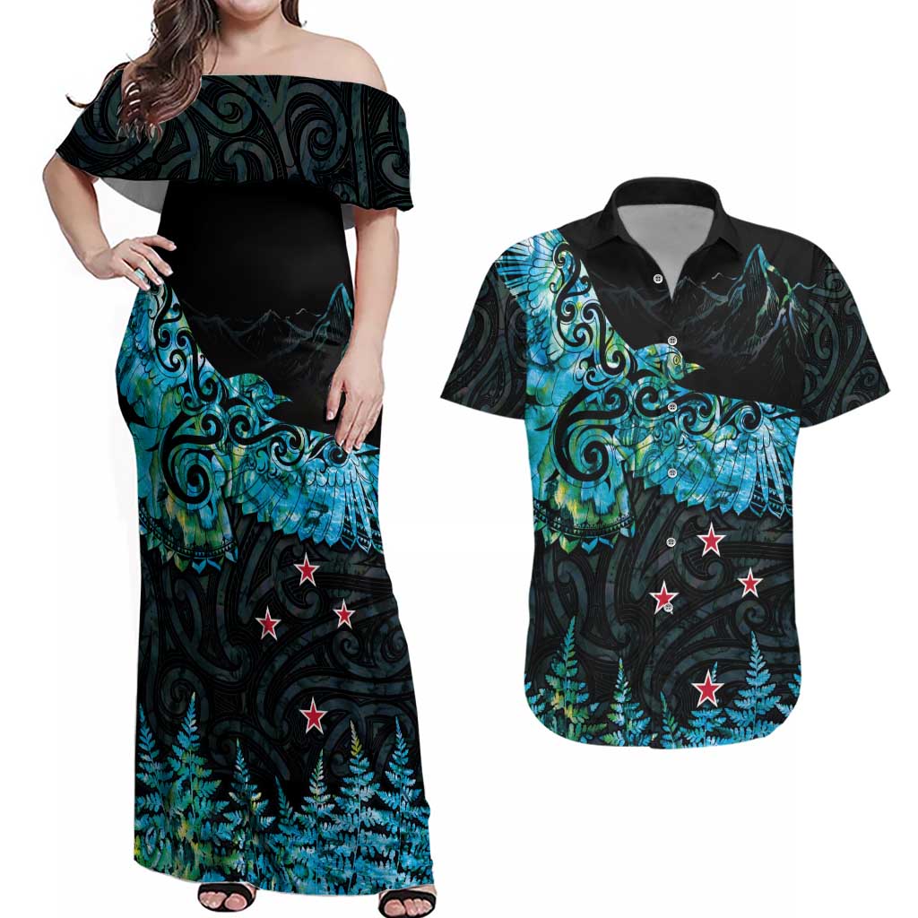 New Zealand Kea Bird Couples Matching Off Shoulder Maxi Dress and Hawaiian Shirt Maori Tattoo and Silver Fern Paua Shell Style LT03 Black - Polynesian Pride