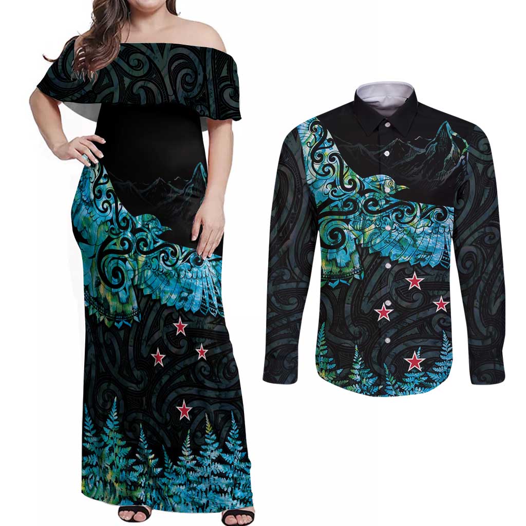 New Zealand Kea Bird Couples Matching Off Shoulder Maxi Dress and Long Sleeve Button Shirt Maori Tattoo and Silver Fern Paua Shell Style LT03 Black - Polynesian Pride