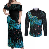 New Zealand Kea Bird Couples Matching Off Shoulder Maxi Dress and Long Sleeve Button Shirt Maori Tattoo and Silver Fern Paua Shell Style LT03 Black - Polynesian Pride