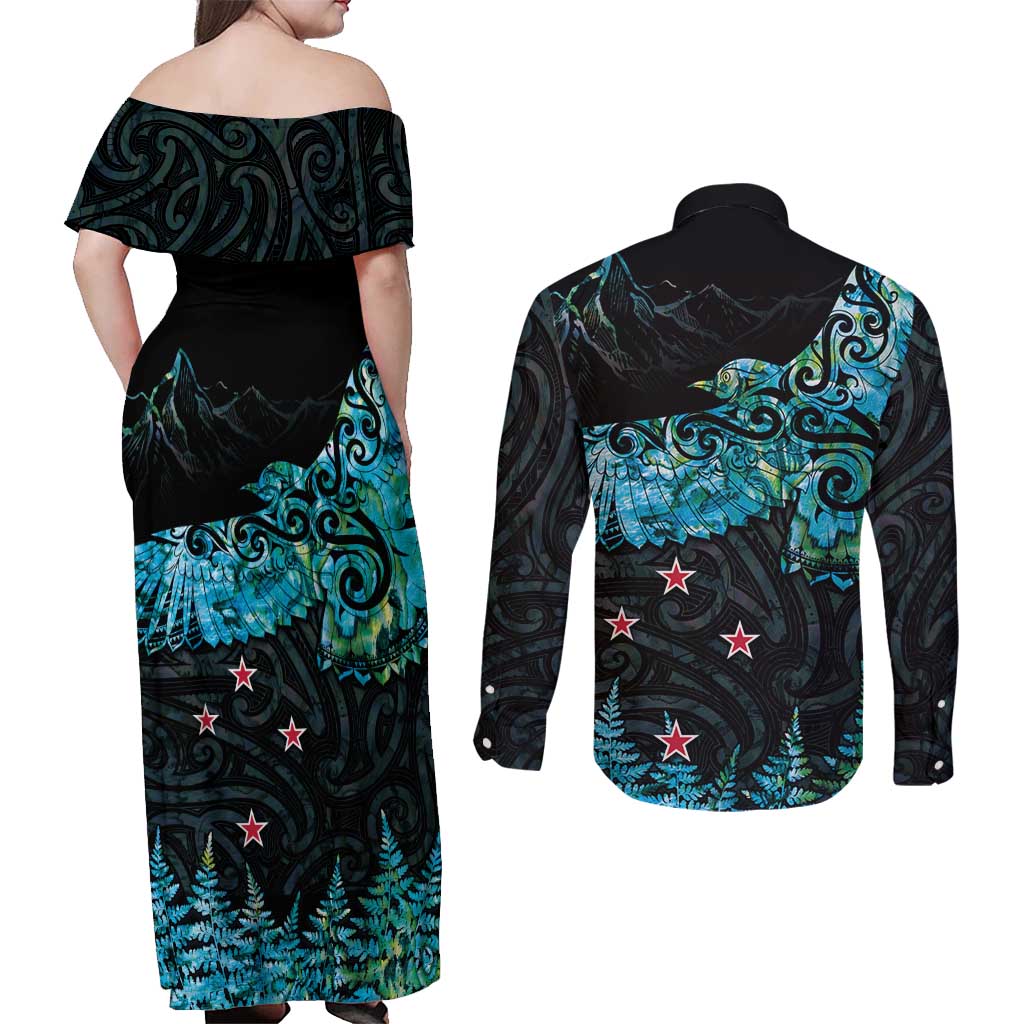 New Zealand Kea Bird Couples Matching Off Shoulder Maxi Dress and Long Sleeve Button Shirt Maori Tattoo and Silver Fern Paua Shell Style LT03 - Polynesian Pride