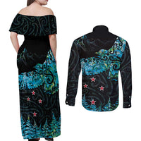 New Zealand Kea Bird Couples Matching Off Shoulder Maxi Dress and Long Sleeve Button Shirt Maori Tattoo and Silver Fern Paua Shell Style LT03 - Polynesian Pride