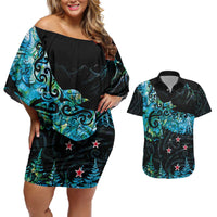 New Zealand Kea Bird Couples Matching Off Shoulder Short Dress and Hawaiian Shirt Maori Tattoo and Silver Fern Paua Shell Style LT03 Black - Polynesian Pride