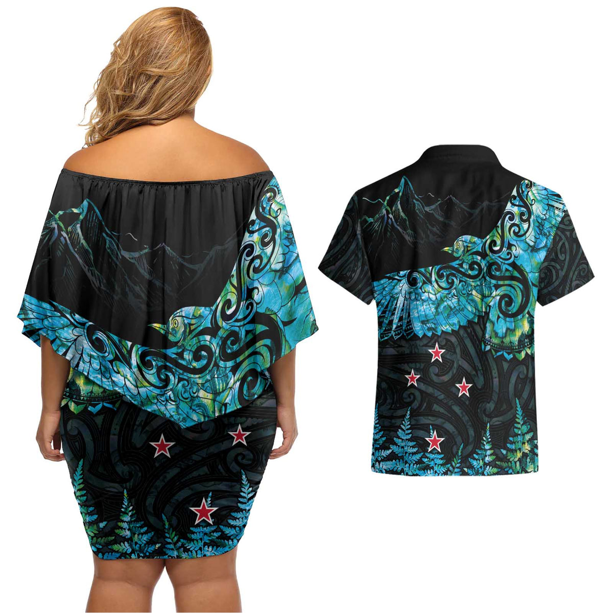 New Zealand Kea Bird Couples Matching Off Shoulder Short Dress and Hawaiian Shirt Maori Tattoo and Silver Fern Paua Shell Style LT03 - Polynesian Pride