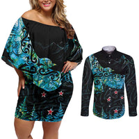 New Zealand Kea Bird Couples Matching Off Shoulder Short Dress and Long Sleeve Button Shirt Maori Tattoo and Silver Fern Paua Shell Style LT03 Black - Polynesian Pride