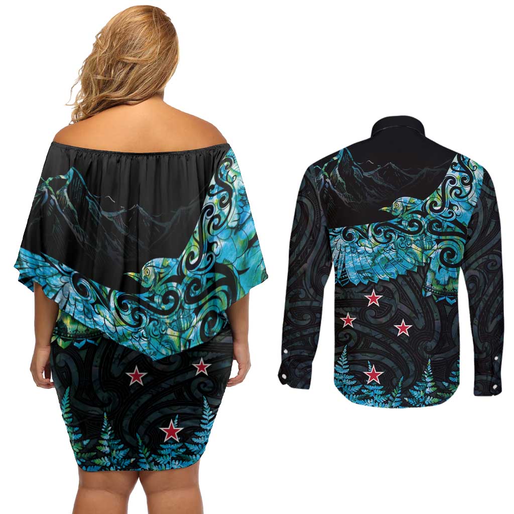New Zealand Kea Bird Couples Matching Off Shoulder Short Dress and Long Sleeve Button Shirt Maori Tattoo and Silver Fern Paua Shell Style LT03 - Polynesian Pride