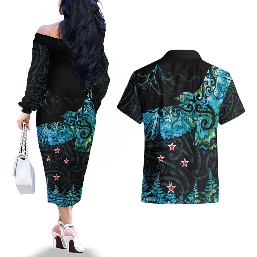 New Zealand Kea Bird Couples Matching Off The Shoulder Long Sleeve Dress and Hawaiian Shirt Maori Tattoo and Silver Fern Paua Shell Style LT03 - Polynesian Pride