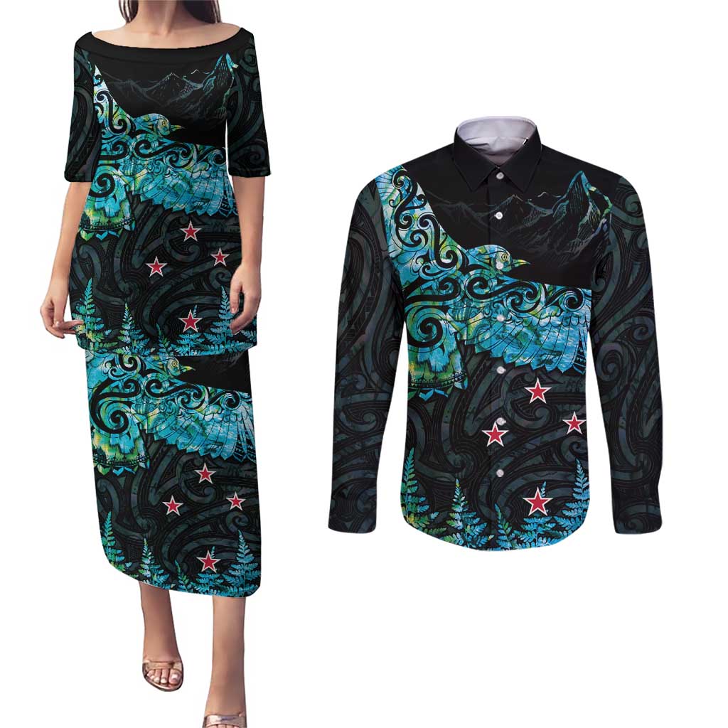 New Zealand Kea Bird Couples Matching Puletasi and Long Sleeve Button Shirt Maori Tattoo and Silver Fern Paua Shell Style LT03 Black - Polynesian Pride
