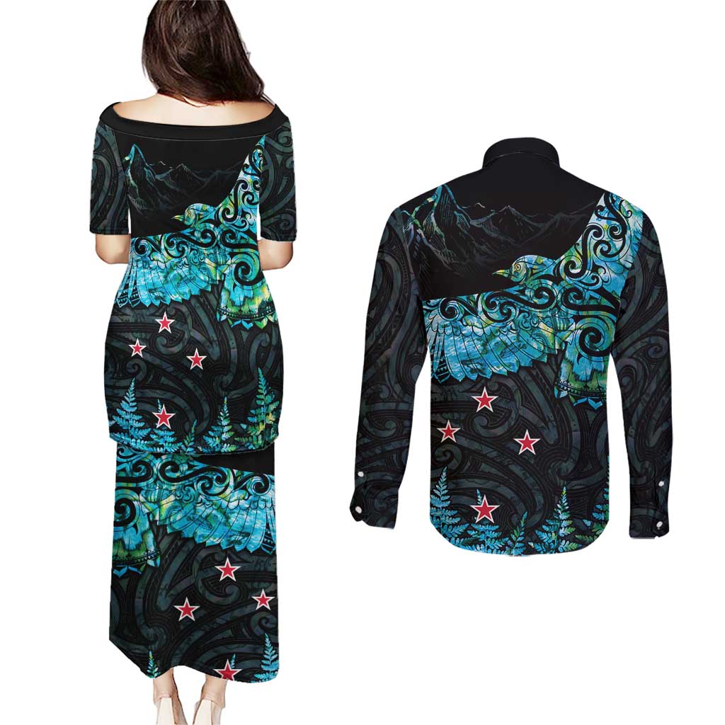 New Zealand Kea Bird Couples Matching Puletasi and Long Sleeve Button Shirt Maori Tattoo and Silver Fern Paua Shell Style LT03 - Polynesian Pride