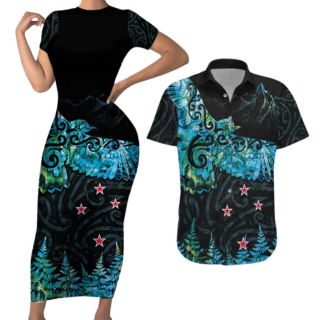 New Zealand Kea Bird Couples Matching Short Sleeve Bodycon Dress and Hawaiian Shirt Maori Tattoo and Silver Fern Paua Shell Style LT03 Black - Polynesian Pride