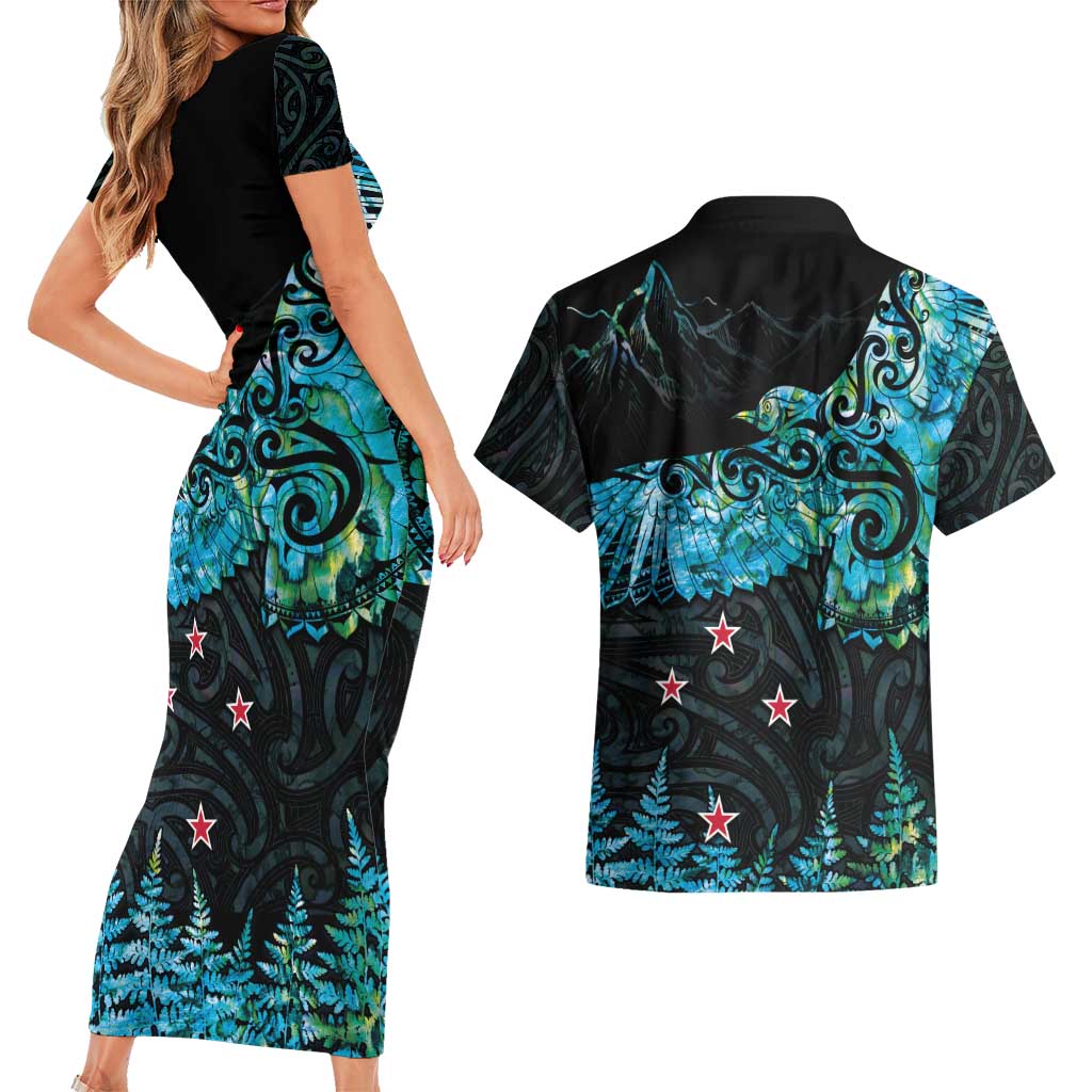 New Zealand Kea Bird Couples Matching Short Sleeve Bodycon Dress and Hawaiian Shirt Maori Tattoo and Silver Fern Paua Shell Style LT03 - Polynesian Pride