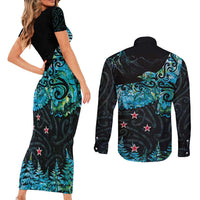 New Zealand Kea Bird Couples Matching Short Sleeve Bodycon Dress and Long Sleeve Button Shirt Maori Tattoo and Silver Fern Paua Shell Style LT03 - Polynesian Pride