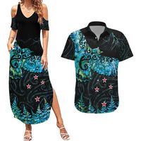 New Zealand Kea Bird Couples Matching Summer Maxi Dress and Hawaiian Shirt Maori Tattoo and Silver Fern Paua Shell Style LT03 Black - Polynesian Pride