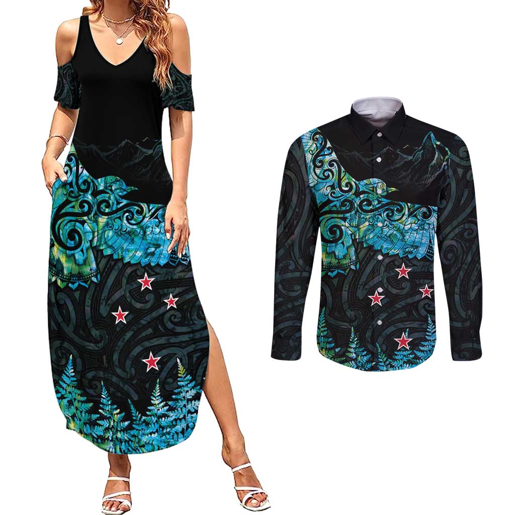 New Zealand Kea Bird Couples Matching Summer Maxi Dress and Long Sleeve Button Shirt Maori Tattoo and Silver Fern Paua Shell Style LT03 Black - Polynesian Pride