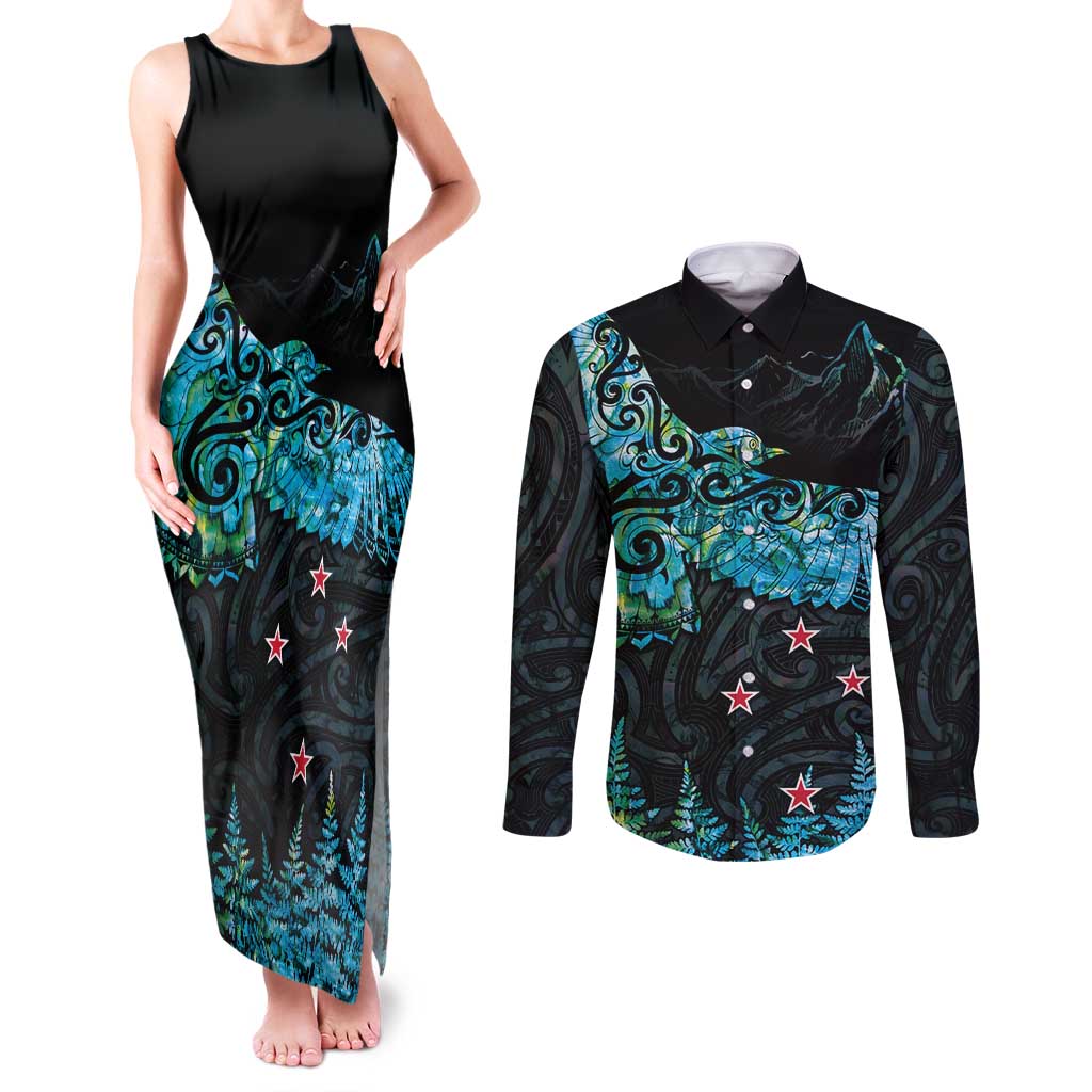 New Zealand Kea Bird Couples Matching Tank Maxi Dress and Long Sleeve Button Shirt Maori Tattoo and Silver Fern Paua Shell Style LT03 Black - Polynesian Pride