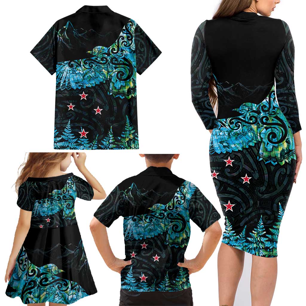New Zealand Kea Bird Family Matching Long Sleeve Bodycon Dress and Hawaiian Shirt Maori Tattoo and Silver Fern Paua Shell Style LT03 - Polynesian Pride