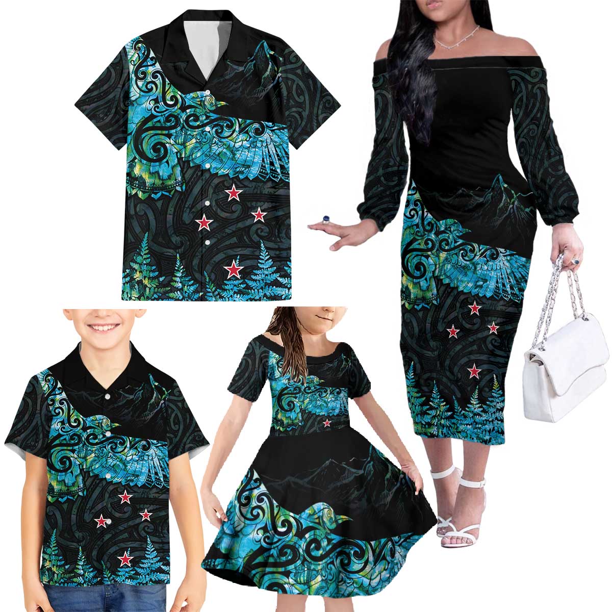 New Zealand Kea Bird Family Matching Off The Shoulder Long Sleeve Dress and Hawaiian Shirt Maori Tattoo and Silver Fern Paua Shell Style LT03 - Polynesian Pride