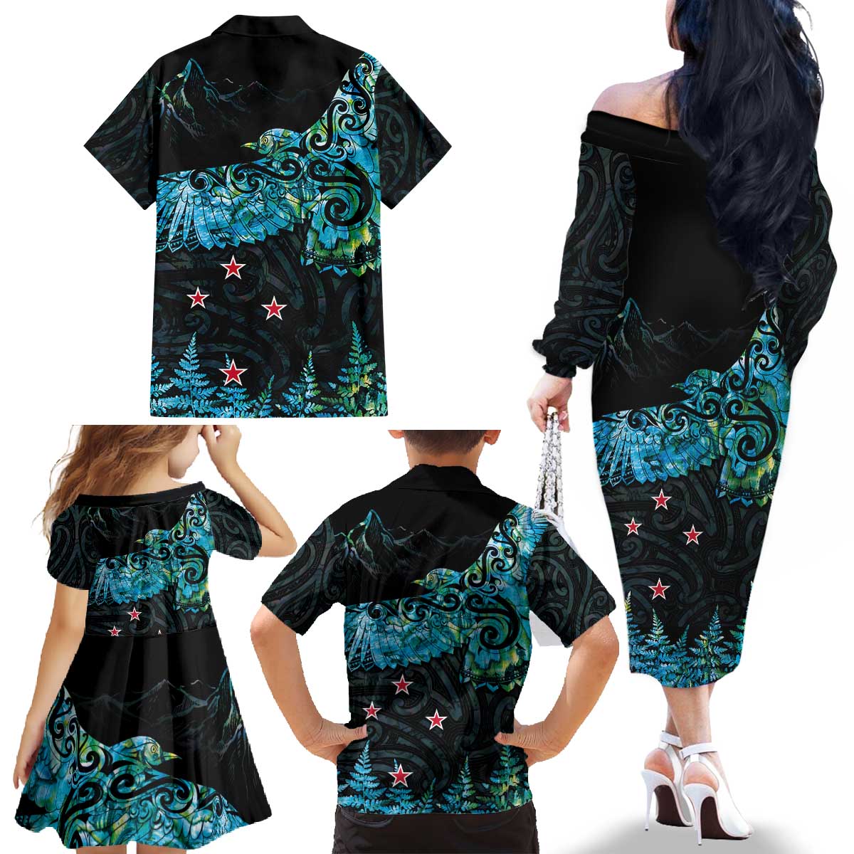 New Zealand Kea Bird Family Matching Off The Shoulder Long Sleeve Dress and Hawaiian Shirt Maori Tattoo and Silver Fern Paua Shell Style LT03 - Polynesian Pride