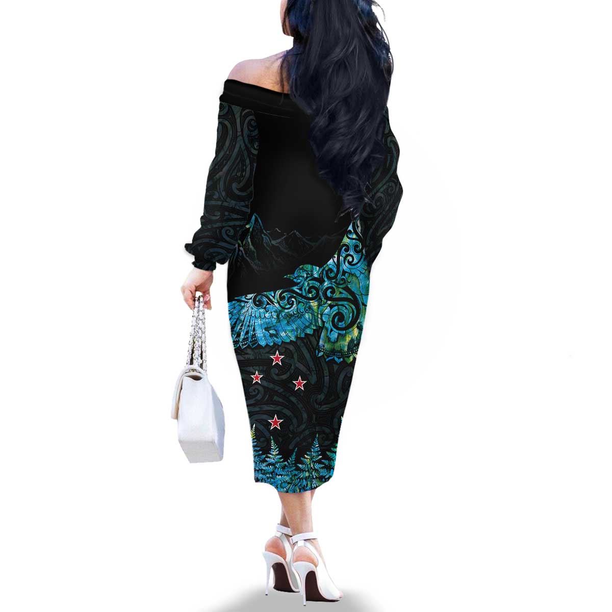 New Zealand Kea Bird Family Matching Off The Shoulder Long Sleeve Dress and Hawaiian Shirt Maori Tattoo and Silver Fern Paua Shell Style LT03 - Polynesian Pride