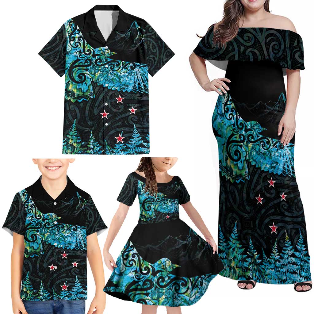 New Zealand Kea Bird Family Matching Off Shoulder Maxi Dress and Hawaiian Shirt Maori Tattoo and Silver Fern Paua Shell Style LT03 - Polynesian Pride