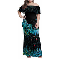 New Zealand Kea Bird Family Matching Off Shoulder Maxi Dress and Hawaiian Shirt Maori Tattoo and Silver Fern Paua Shell Style LT03 Mom's Dress Black - Polynesian Pride