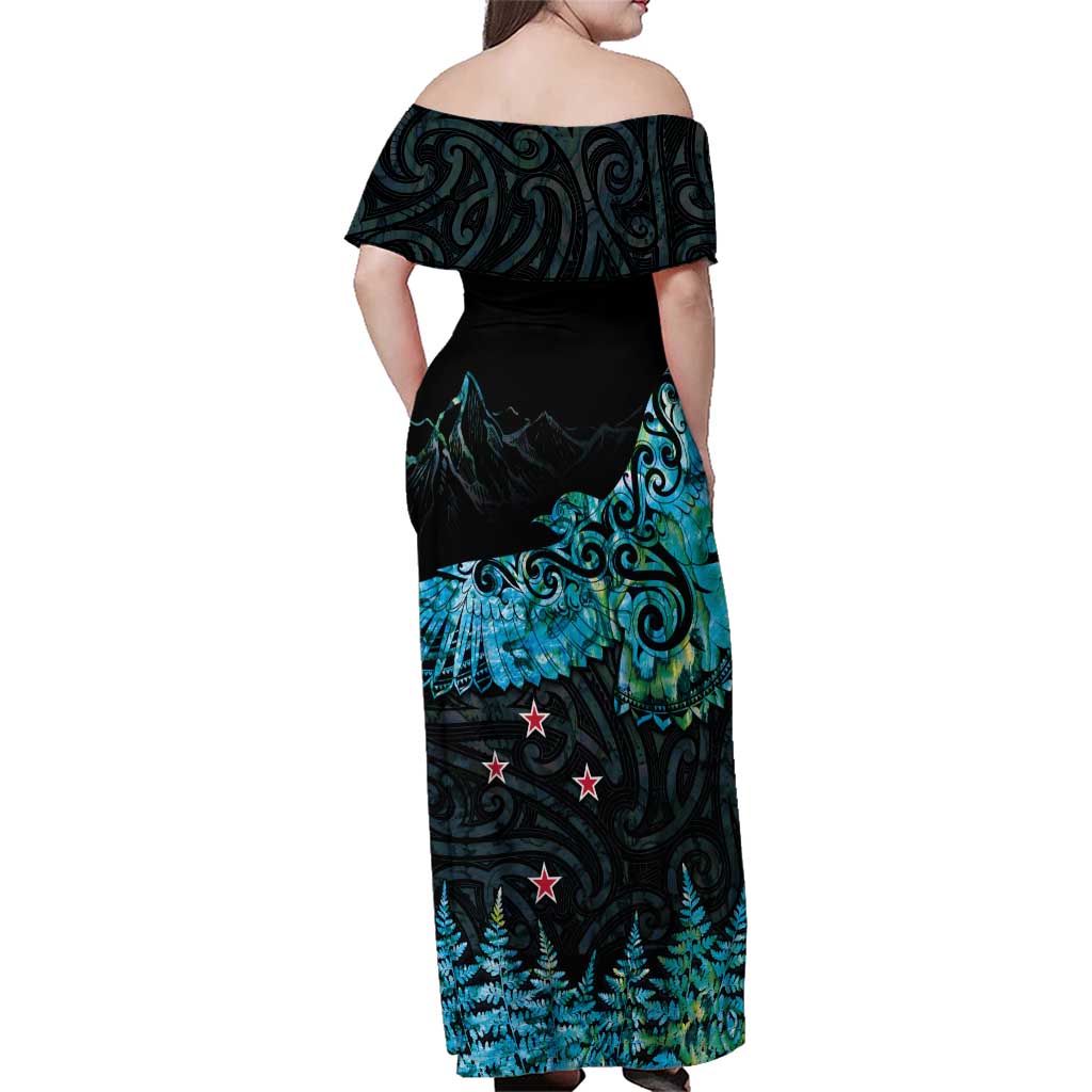 New Zealand Kea Bird Family Matching Off Shoulder Maxi Dress and Hawaiian Shirt Maori Tattoo and Silver Fern Paua Shell Style LT03 - Polynesian Pride