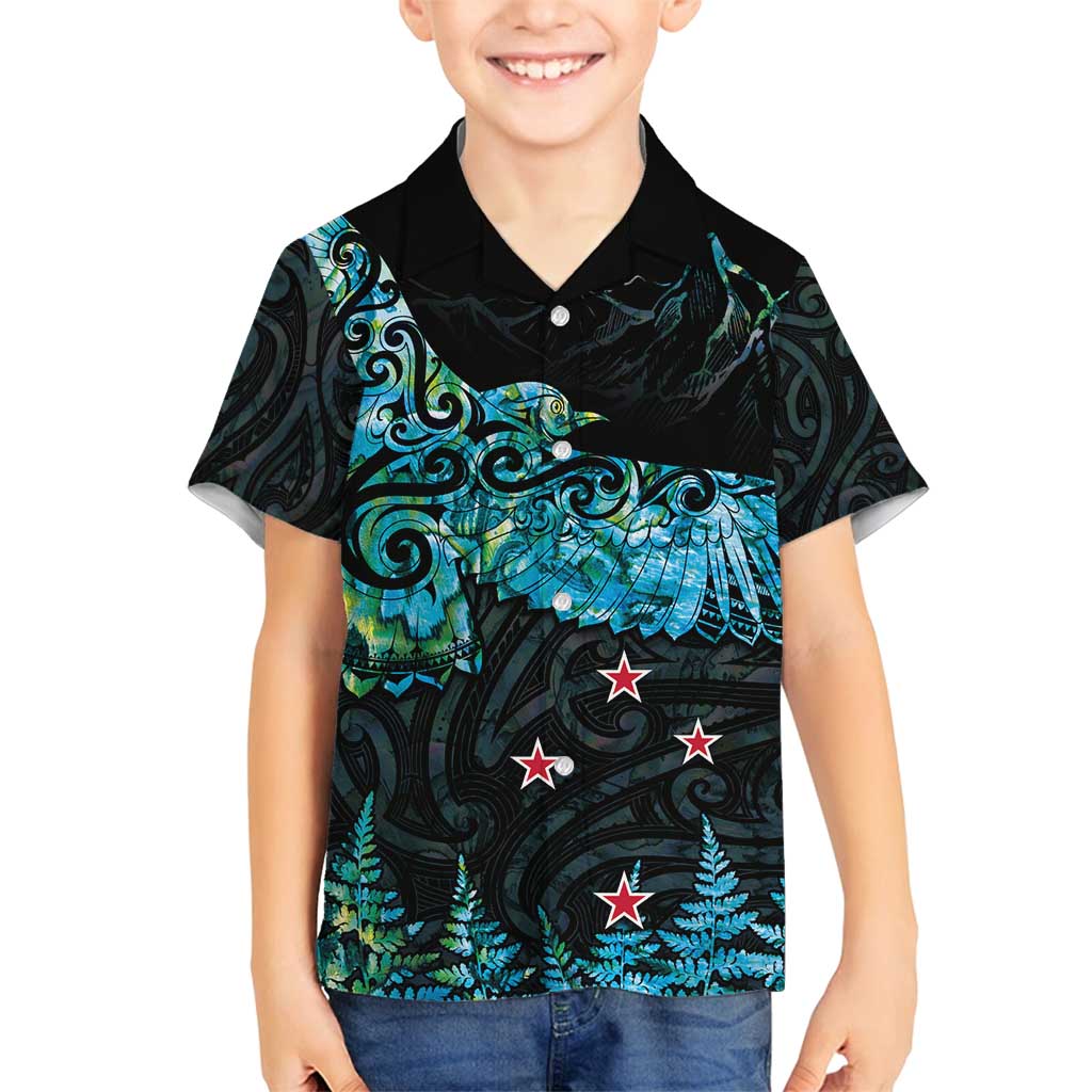 New Zealand Kea Bird Family Matching Off Shoulder Maxi Dress and Hawaiian Shirt Maori Tattoo and Silver Fern Paua Shell Style LT03 Son's Shirt Black - Polynesian Pride
