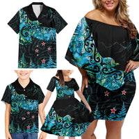 New Zealand Kea Bird Family Matching Off Shoulder Short Dress and Hawaiian Shirt Maori Tattoo and Silver Fern Paua Shell Style LT03 - Polynesian Pride
