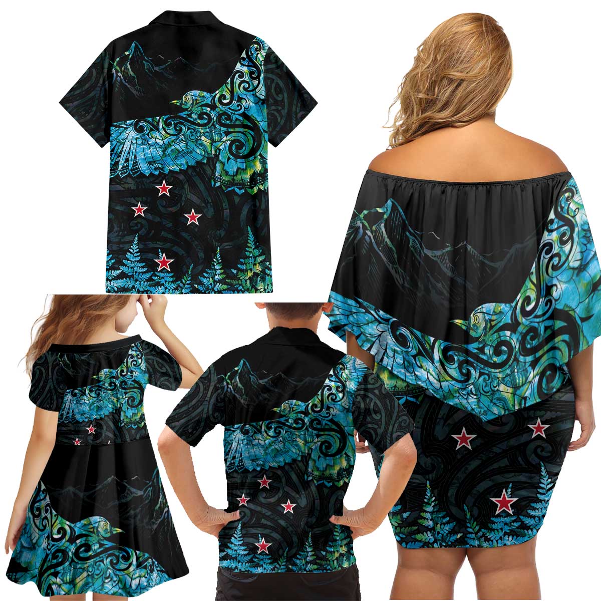 New Zealand Kea Bird Family Matching Off Shoulder Short Dress and Hawaiian Shirt Maori Tattoo and Silver Fern Paua Shell Style LT03 - Polynesian Pride