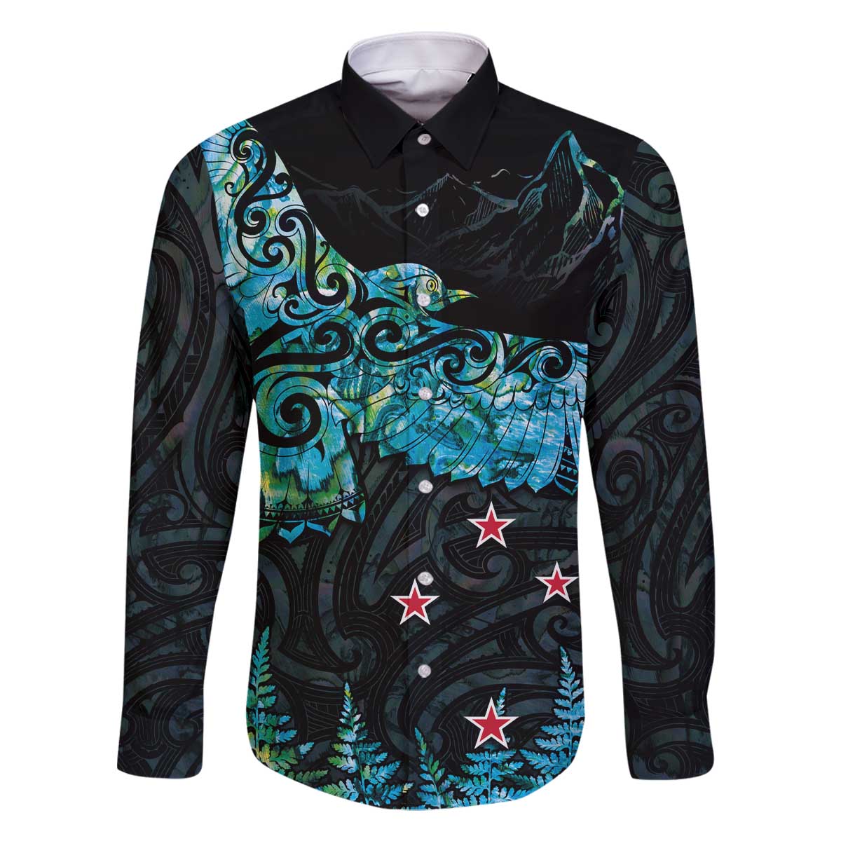 New Zealand Kea Bird Family Matching Off Shoulder Short Dress and Hawaiian Shirt Maori Tattoo and Silver Fern Paua Shell Style LT03 Dad's Shirt - Long Sleeve Black - Polynesian Pride