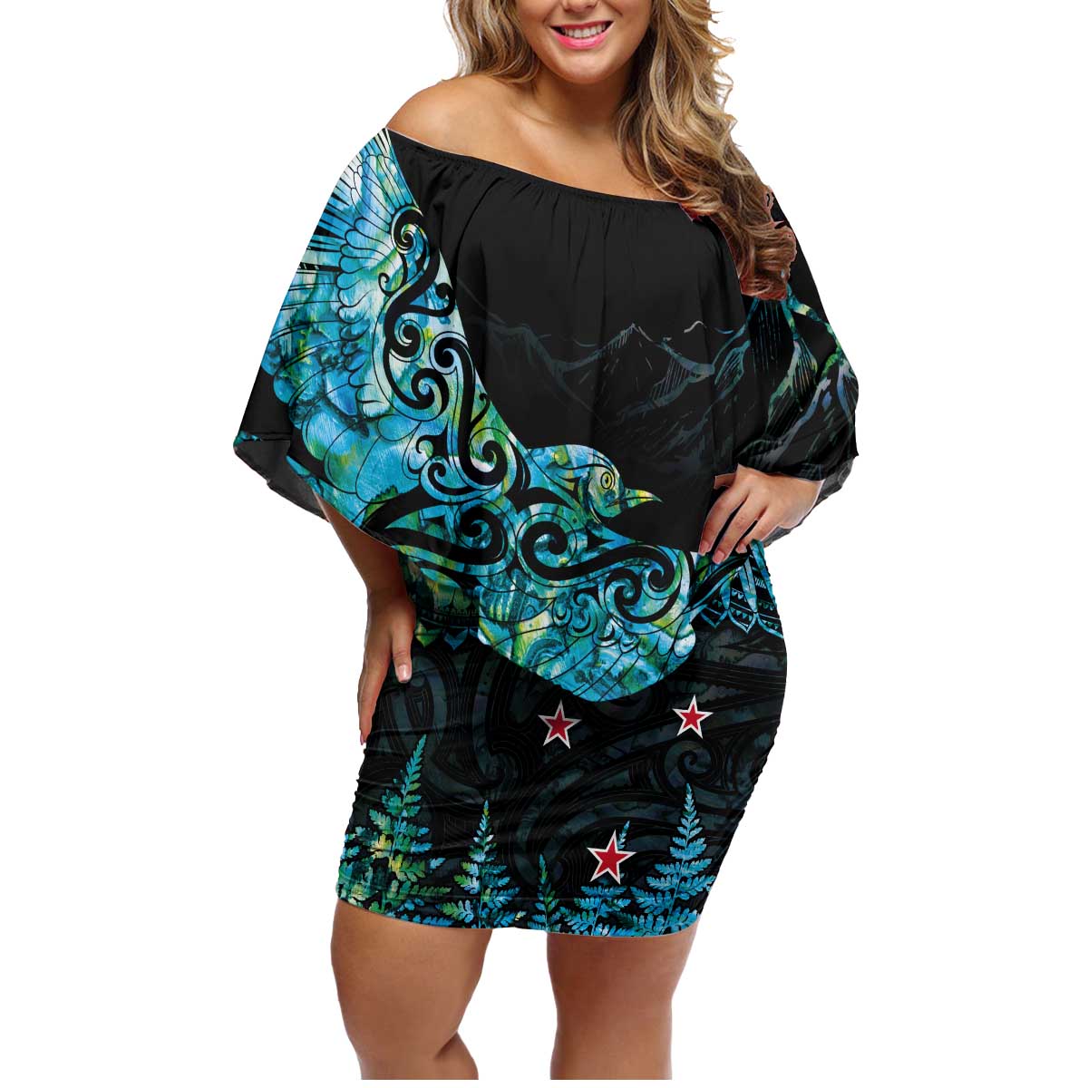 New Zealand Kea Bird Family Matching Off Shoulder Short Dress and Hawaiian Shirt Maori Tattoo and Silver Fern Paua Shell Style LT03 Mom's Dress Black - Polynesian Pride