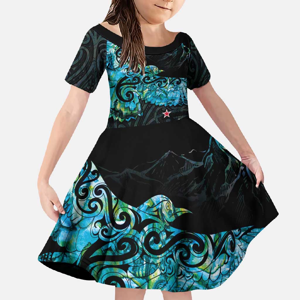 New Zealand Kea Bird Family Matching Summer Maxi Dress and Hawaiian Shirt Maori Tattoo and Silver Fern Paua Shell Style LT03 Daughter's Dress Black - Polynesian Pride