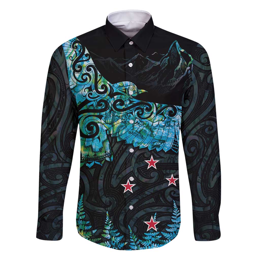 New Zealand Kea Bird Family Matching Tank Maxi Dress and Hawaiian Shirt Maori Tattoo and Silver Fern Paua Shell Style LT03 Dad's Shirt - Long Sleeve Black - Polynesian Pride