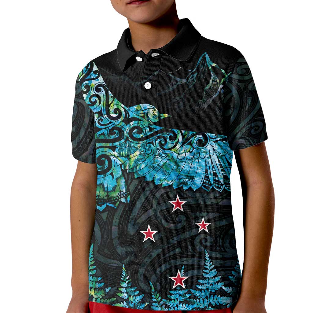 New Zealand Kea Bird Kid Polo Shirt Maori Tattoo and Silver Fern Paua Shell Style LT03 Kid Black - Polynesian Pride