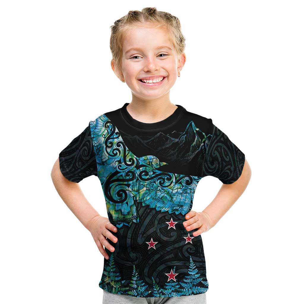New Zealand Kea Bird Kid T Shirt Maori Tattoo and Silver Fern Paua Shell Style LT03 Black - Polynesian Pride