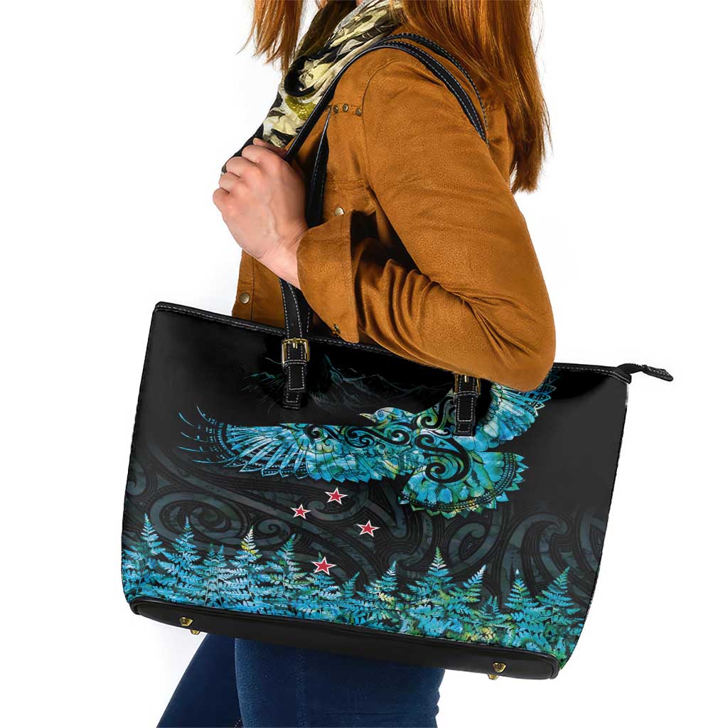 New Zealand Kea Bird Leather Tote Bag Maori Tattoo and Silver Fern Paua Shell Style LT03 Black - Polynesian Pride
