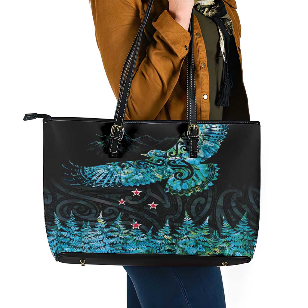 New Zealand Kea Bird Leather Tote Bag Maori Tattoo and Silver Fern Paua Shell Style LT03 - Polynesian Pride
