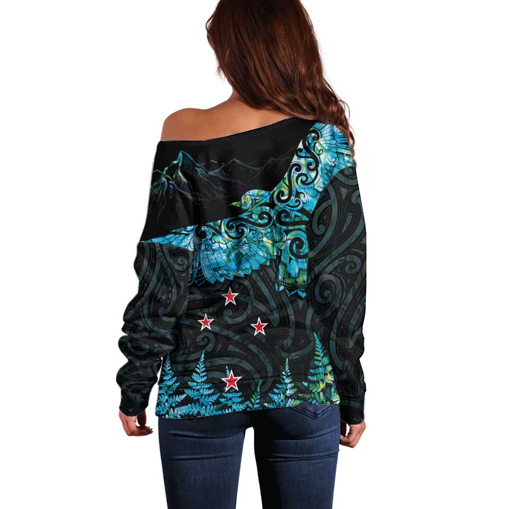 New Zealand Kea Bird Off Shoulder Sweater Maori Tattoo and Silver Fern Paua Shell Style LT03 - Polynesian Pride