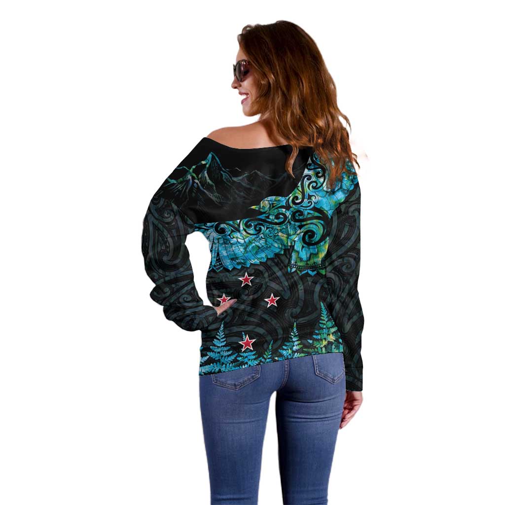 New Zealand Kea Bird Off Shoulder Sweater Maori Tattoo and Silver Fern Paua Shell Style LT03 - Polynesian Pride