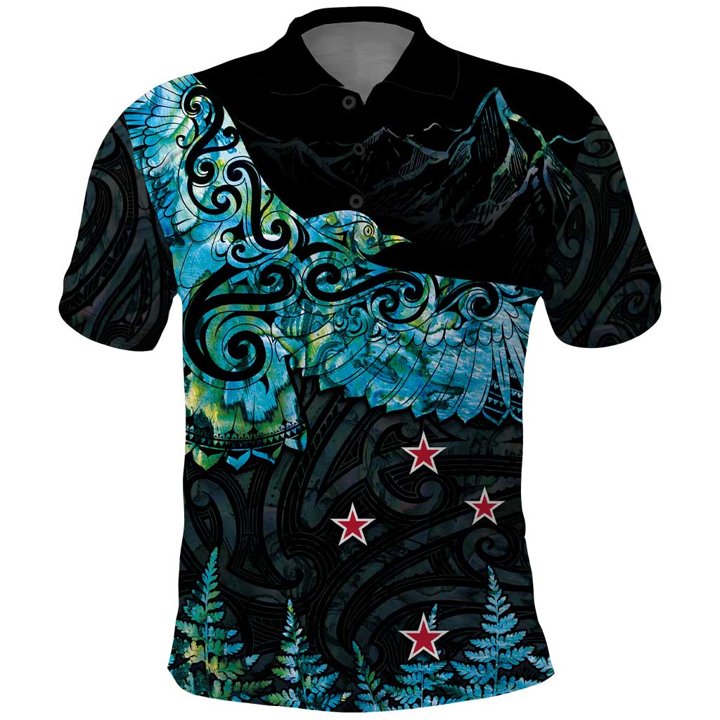 New Zealand Kea Bird Polo Shirt Maori Tattoo and Silver Fern Paua Shell Style LT03 Black - Polynesian Pride
