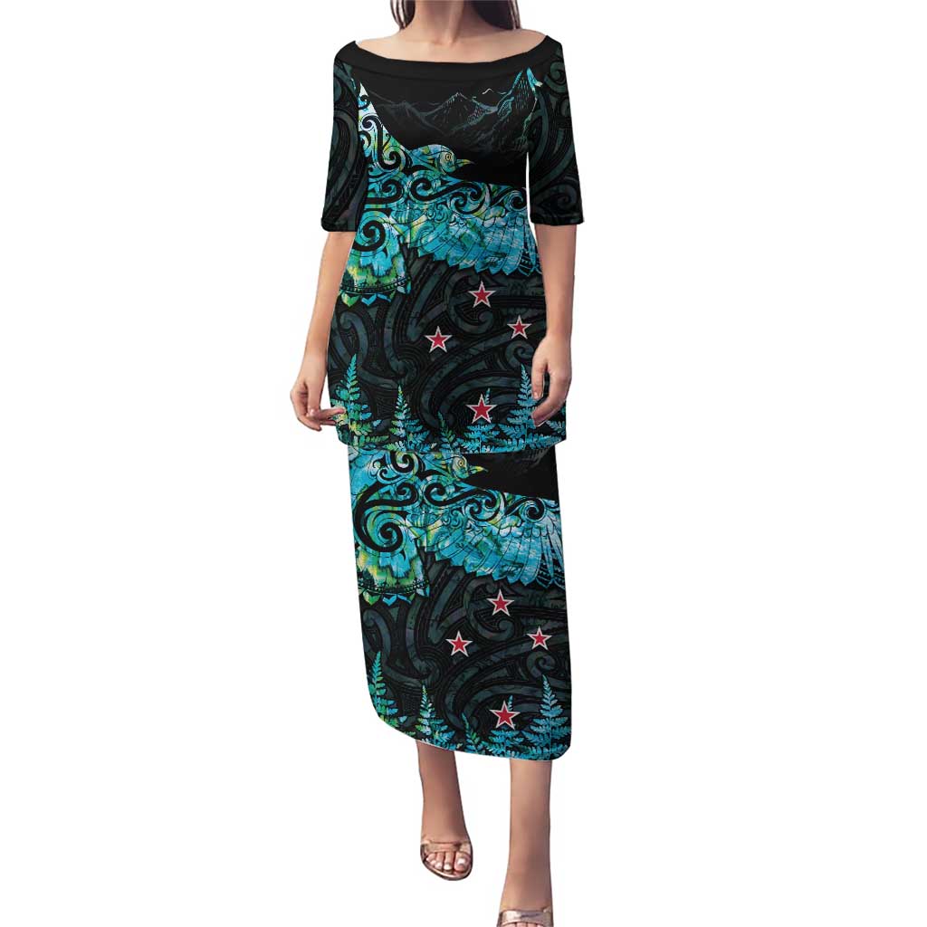 New Zealand Kea Bird Puletasi Maori Tattoo and Silver Fern Paua Shell Style LT03 Long Dress Black - Polynesian Pride