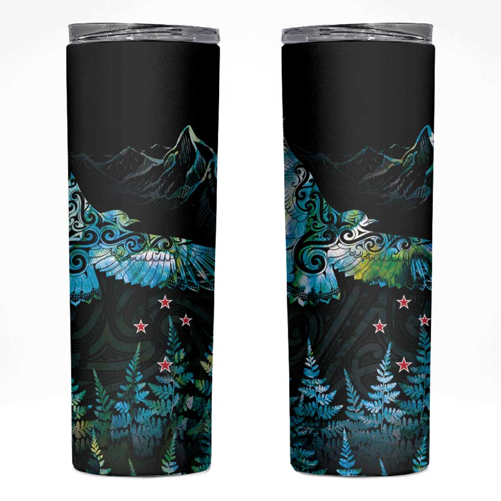 New Zealand Kea Bird Skinny Tumbler Maori Tattoo and Silver Fern Paua Shell Style LT03 Black - Polynesian Pride