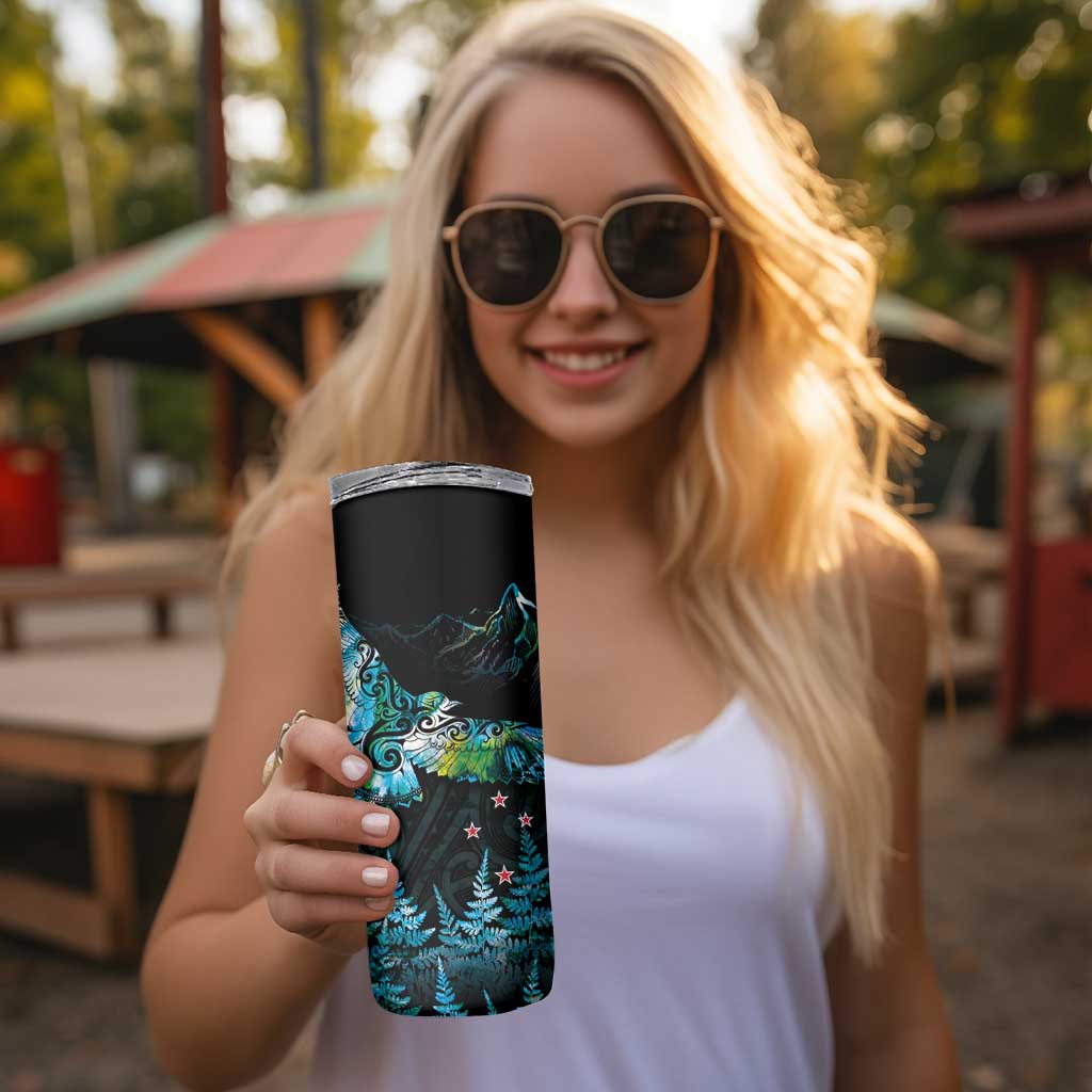 New Zealand Kea Bird Skinny Tumbler Maori Tattoo and Silver Fern Paua Shell Style LT03 - Polynesian Pride