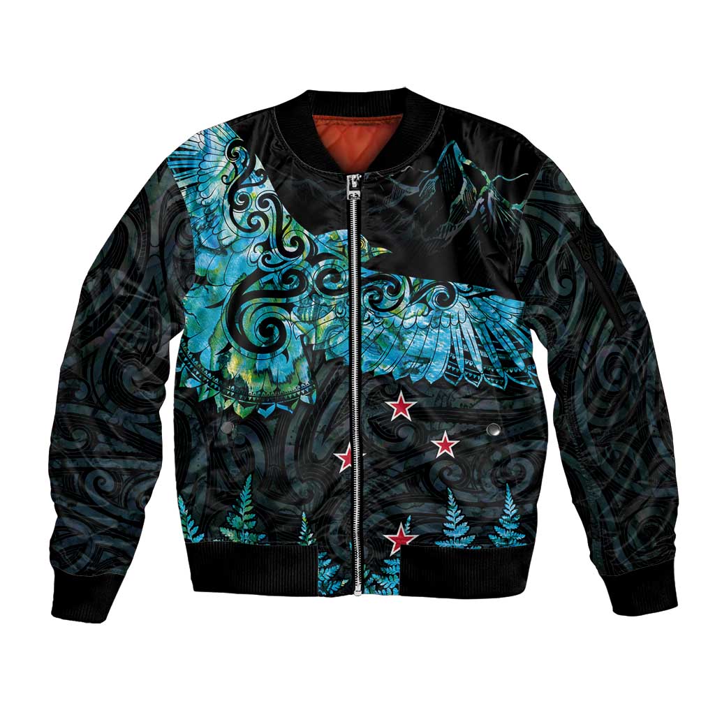 New Zealand Kea Bird Sleeve Zip Bomber Jacket Maori Tattoo and Silver Fern Paua Shell Style LT03 Unisex Black - Polynesian Pride