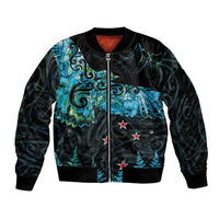 New Zealand Kea Bird Sleeve Zip Bomber Jacket Maori Tattoo and Silver Fern Paua Shell Style LT03 Unisex Black - Polynesian Pride
