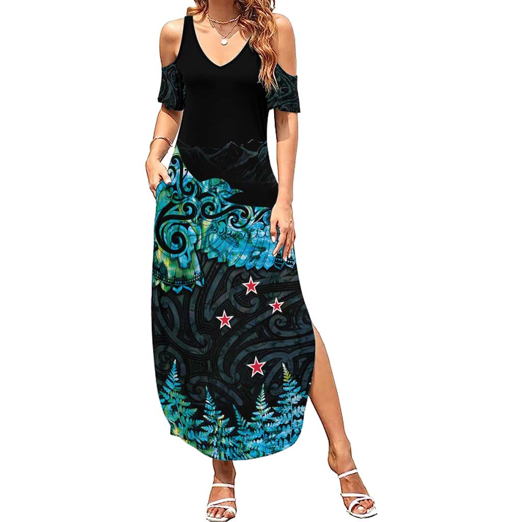 New Zealand Kea Bird Summer Maxi Dress Maori Tattoo and Silver Fern Paua Shell Style LT03 Women Black - Polynesian Pride