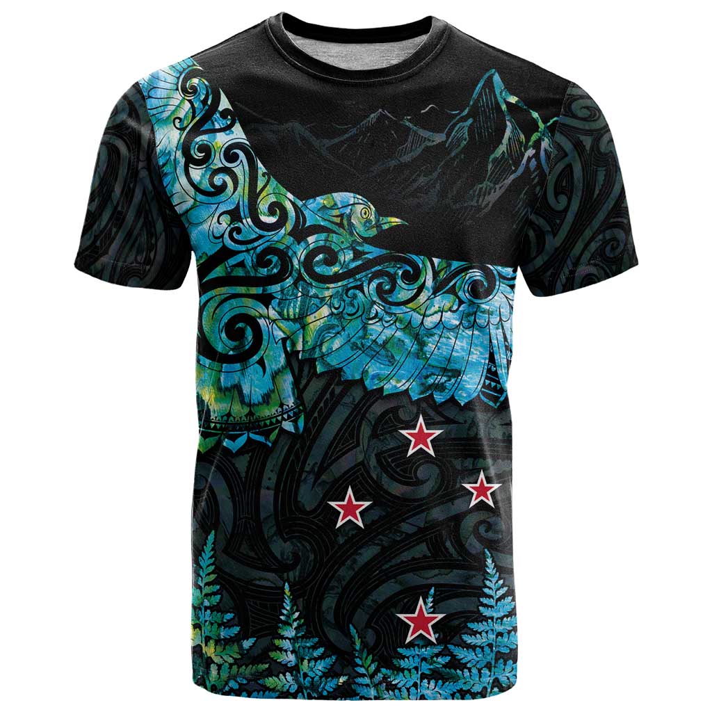 New Zealand Kea Bird T Shirt Maori Tattoo and Silver Fern Paua Shell Style LT03 Black - Polynesian Pride